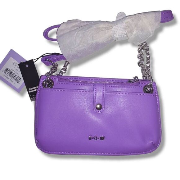 H.O.W. Purple Bag Silver Chain Shoulder Crossbody Zip Top Front Snap 3 Compartme - Picture 2 of 9